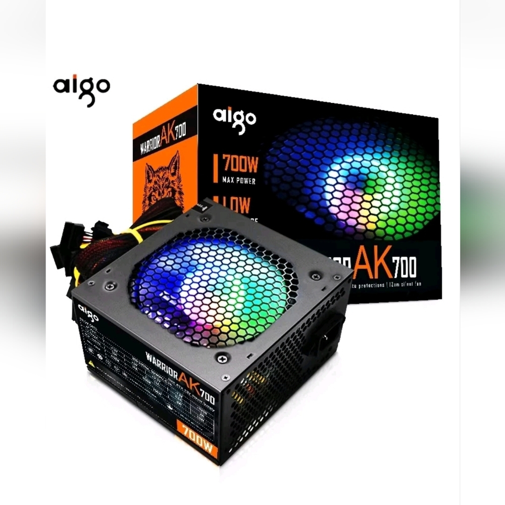 Aigo AK 700W PC PSU Power Supply EU Plug Black Gaming 120mm RGB Fan 24pin 12V